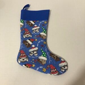 Handmade Christmas Stocking Blue With Glitter Dogs With Santa Hats " Ho Ho Ho"